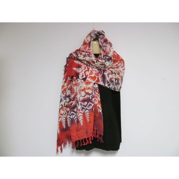Bali Long Scarf with Autumn Colors and Leaf Designs - Picture 4 of 12